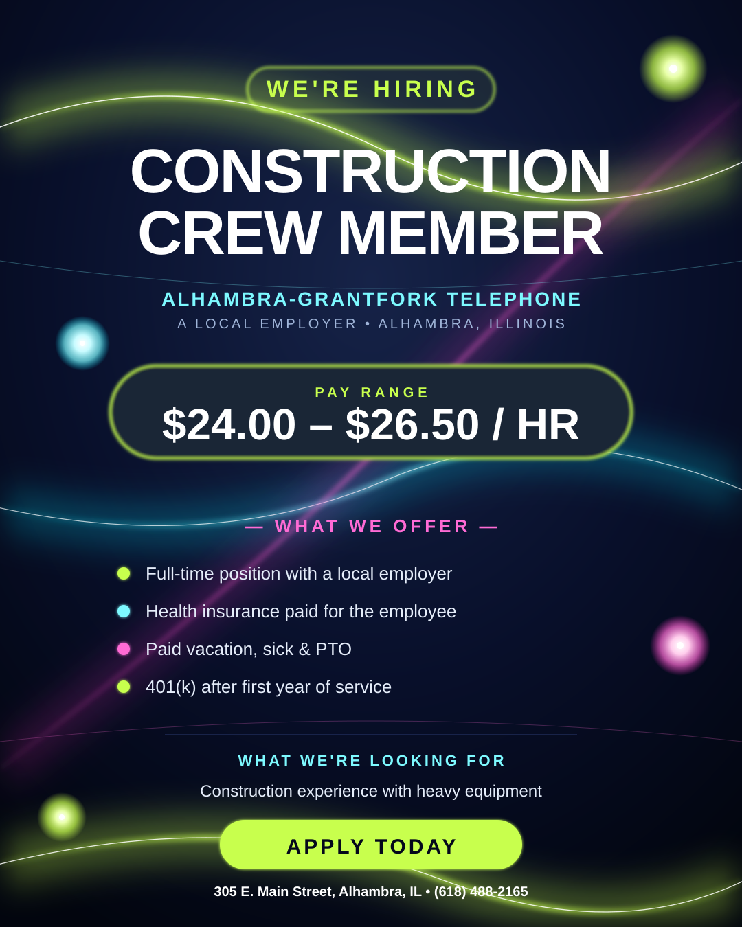 We're hiring Construction Crew Member at Alhambra-Grantfork Telephone
